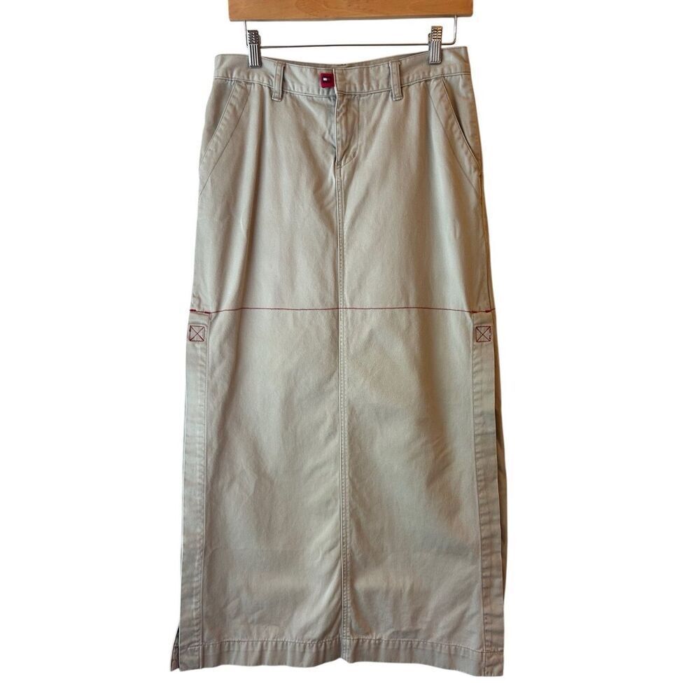 Vintage Tommy Jeans Maxi Khaki Skirt Sz 7 High Slit 90's Y2K Street